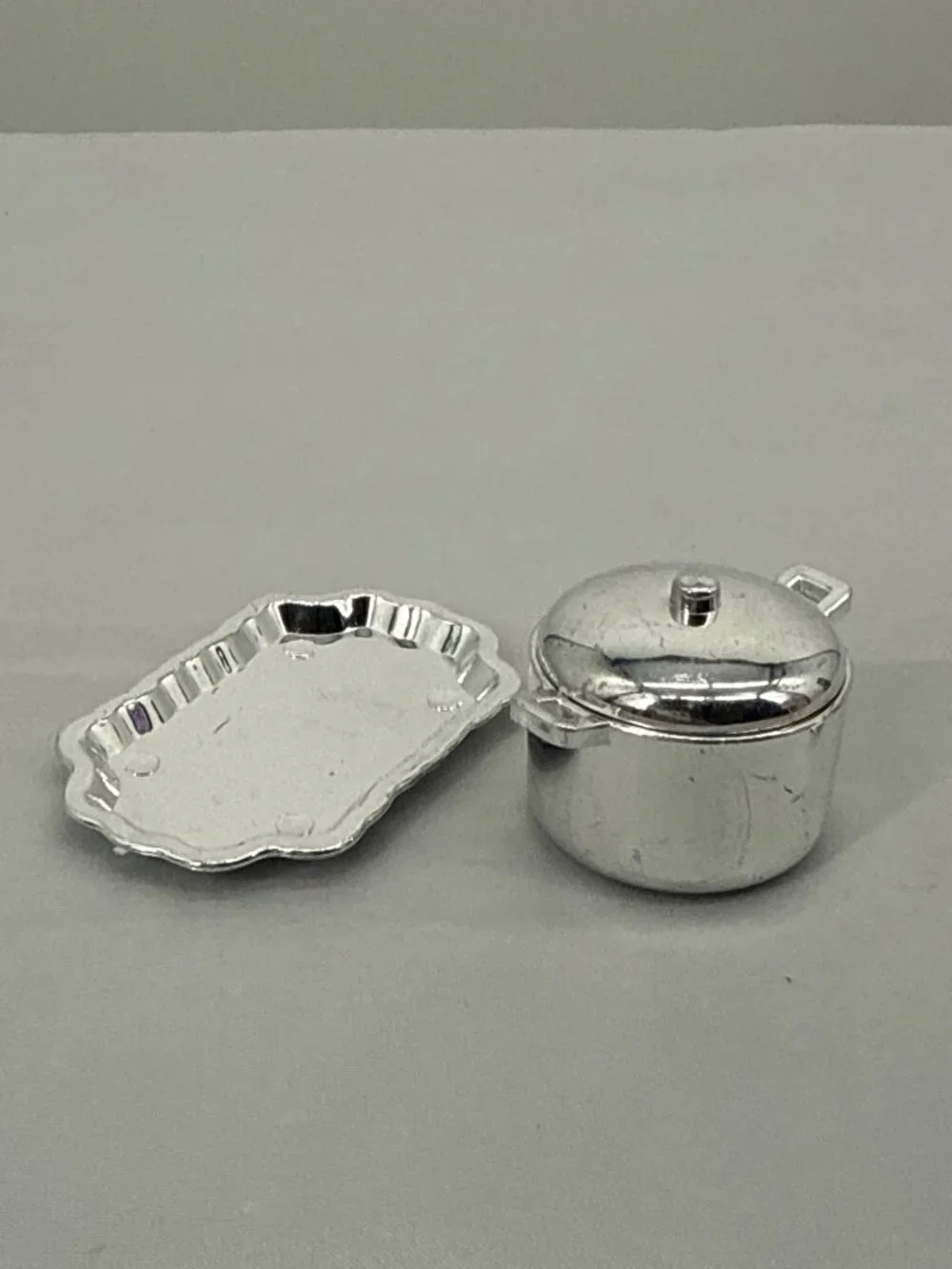 Silver Miniature Dollhouse Kitchen Pot & Tray Set Coquette Retro Decor